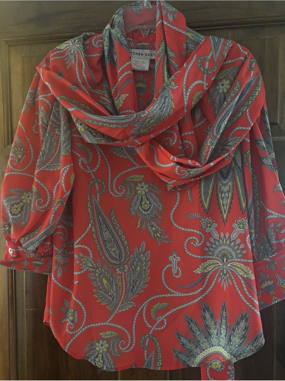 Gretchen Scott Designs Red Paisley Silk Blouse with attached Scarf/Drape